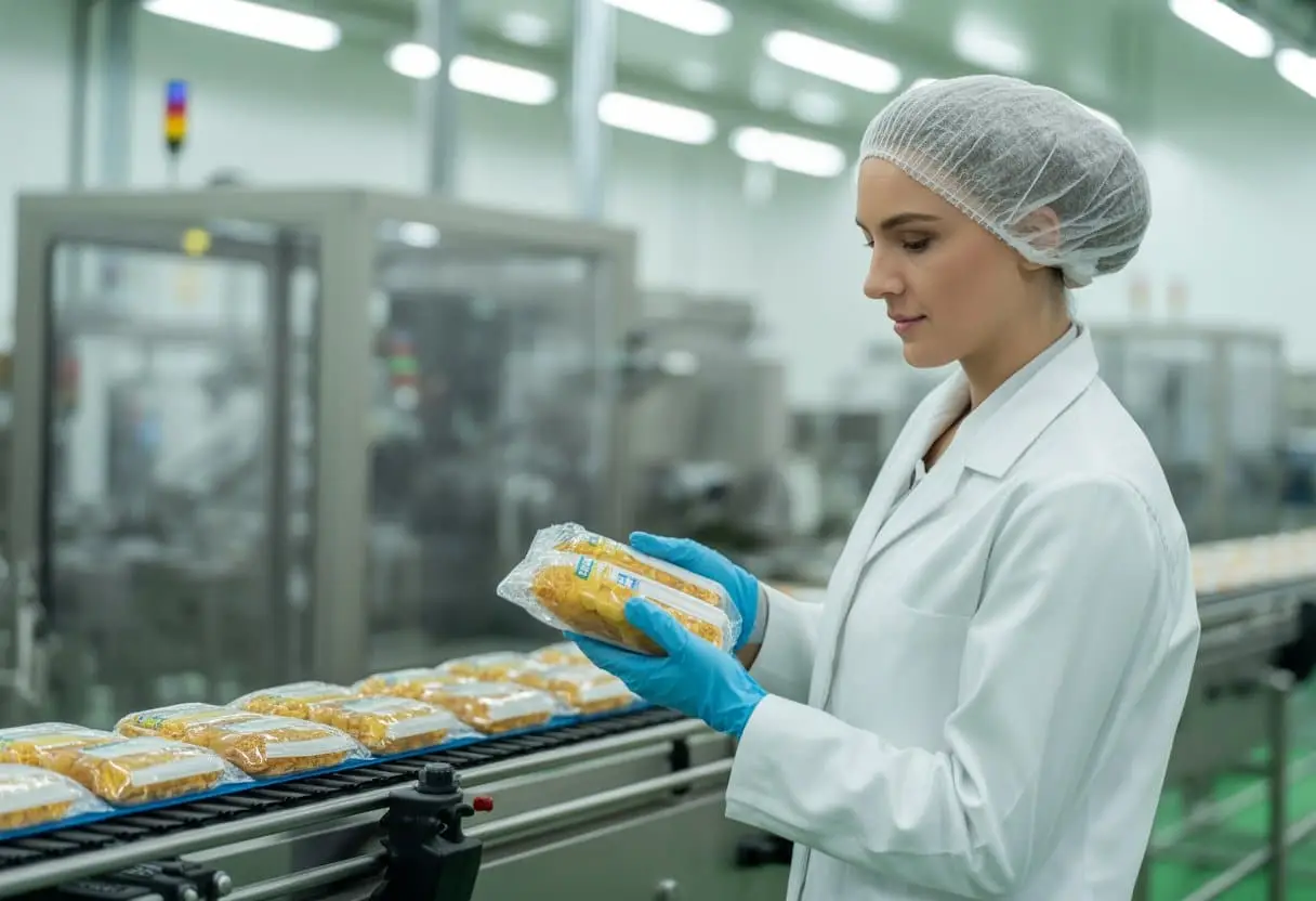 Voedselveiligheid en productaansprakelijkheid: wanneer is de producent aansprakelijk? 3 Een professional in een witte labjas en haarnetje inspecteert verpakte voedselproducten in een schone, moderne voedselproductiefaciliteit.