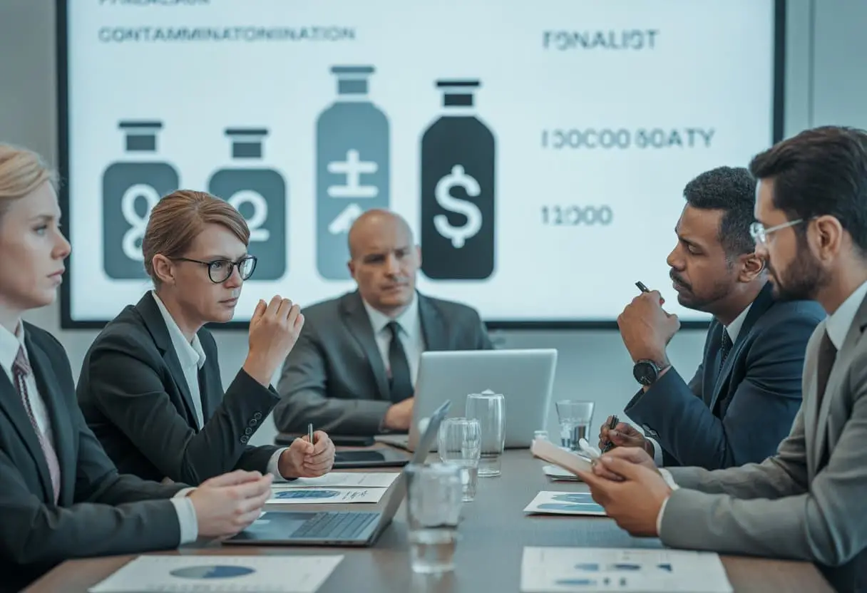 Een zakelijke vergadering van diverse professionals rond een tafel, die serieus overleggen over een besmet product en de verantwoordelijkheid voor de schade.