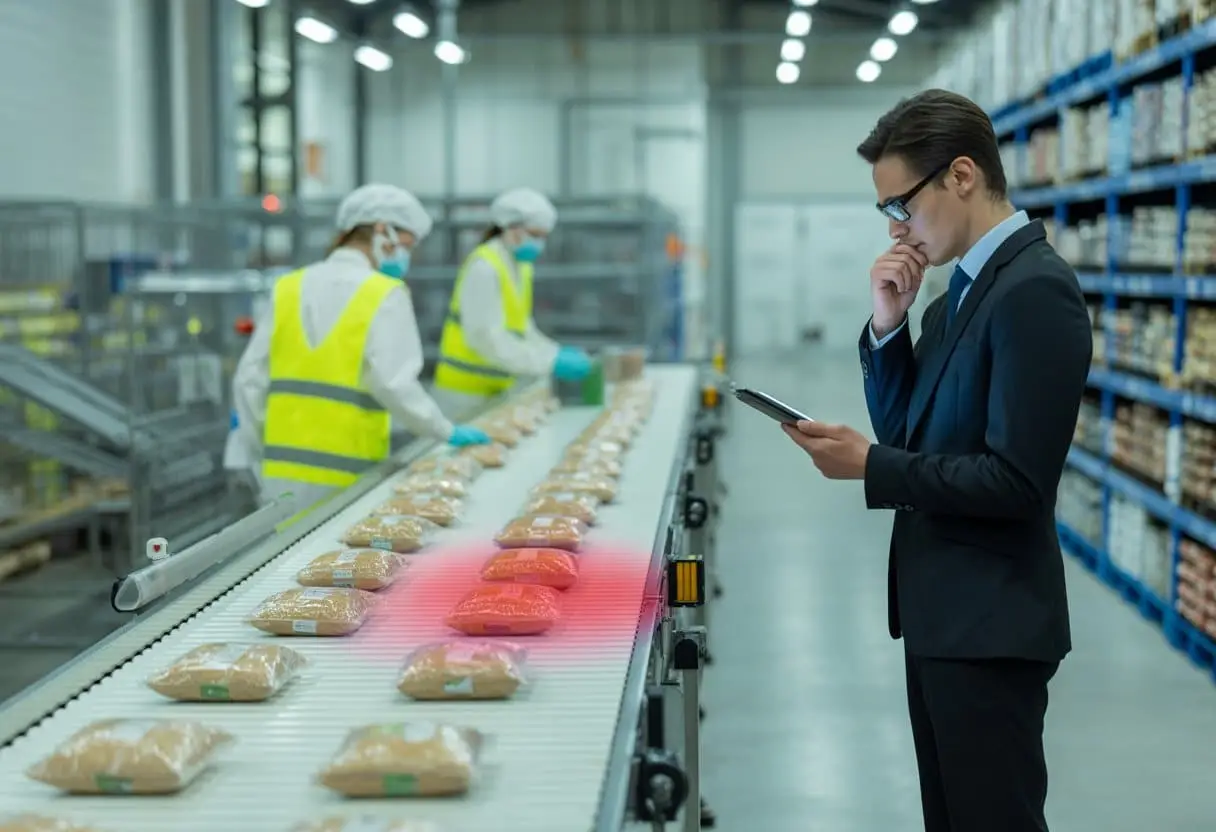 Een magazijn met arbeiders die voedselproducten controleren en een zakenpersoon die documenten bekijkt, met een gedeelte van de producten dat mogelijk besmet is.