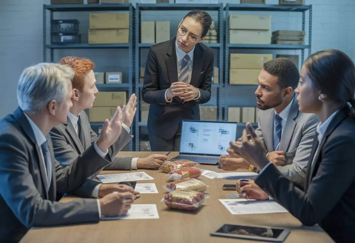 Een groep zakelijke professionals bespreekt verantwoordelijkheden rond besmette producten in een kantooromgeving.