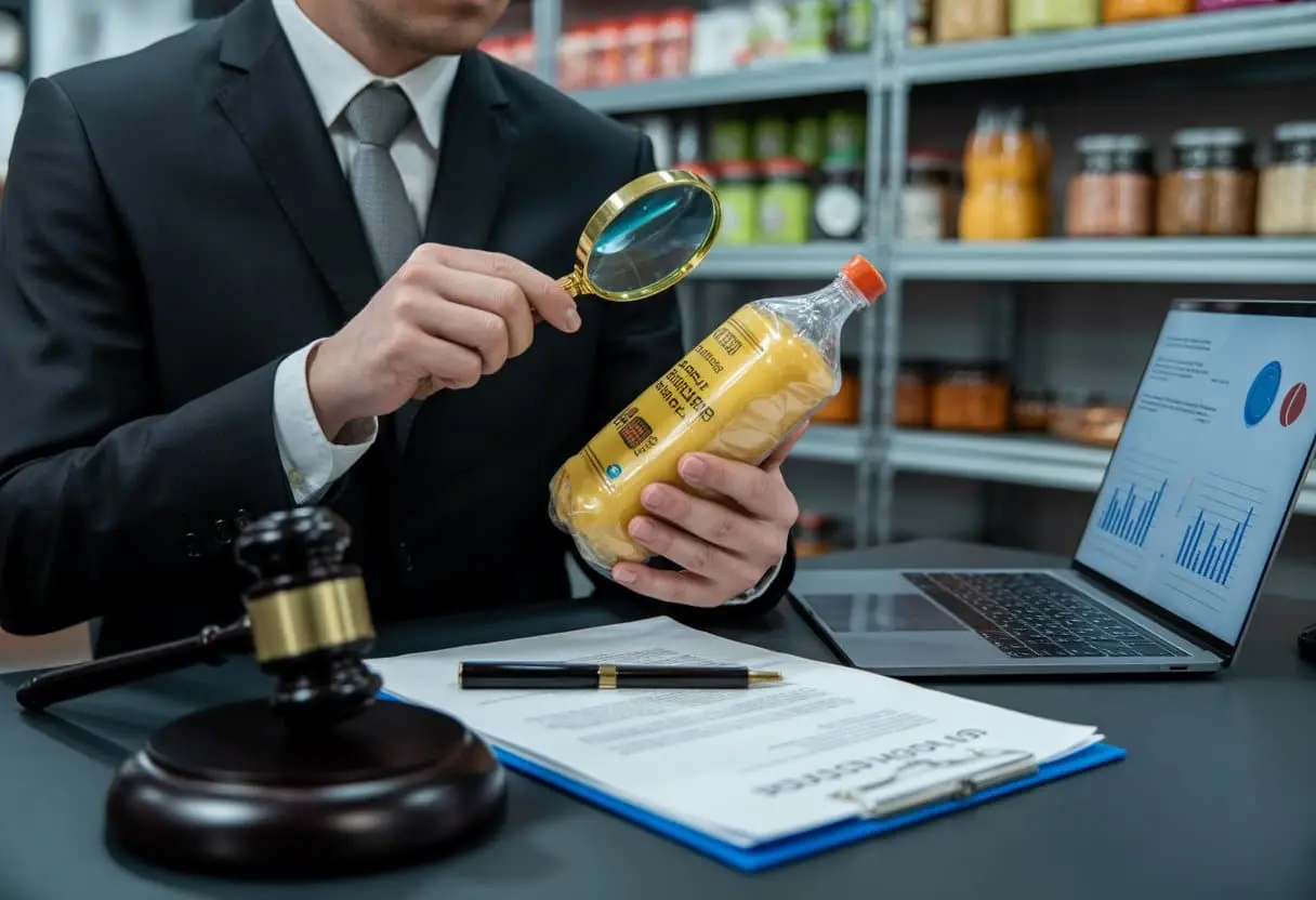 Food fraud en misleiding: strafrechtelijke én civielrechtelijke gevolgen voor uw bedrijf 1 Een zakenman onderzoekt verpakte voedselproducten met een vergrootglas aan een bureau met juridische documenten en een hamer, omgeven door voedselproducten.