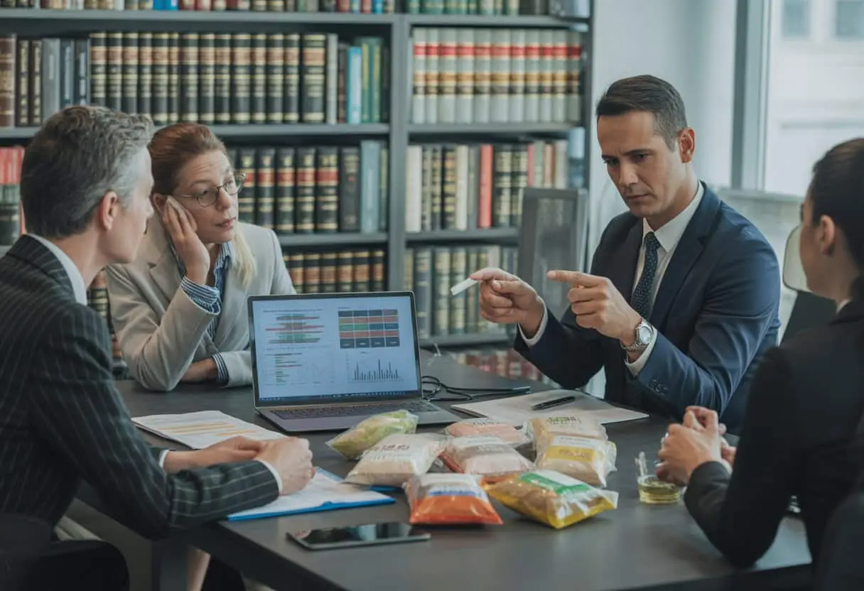 Food fraud en misleiding: strafrechtelijke én civielrechtelijke gevolgen voor uw bedrijf 2 Zakelijke professionals bespreken voedselfraude en misleiding in een kantooromgeving met documenten en voedselverpakkingen op tafel.