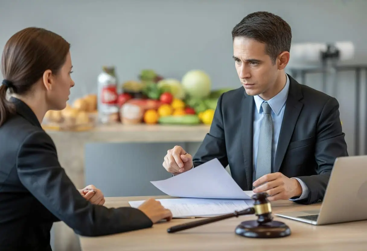 Food fraud en misleiding: strafrechtelijke én civielrechtelijke gevolgen voor uw bedrijf 3 Een zakelijke bespreking tussen een advocaat en een voedselprofessional in een kantoor met documenten en voedselproducten op de achtergrond.