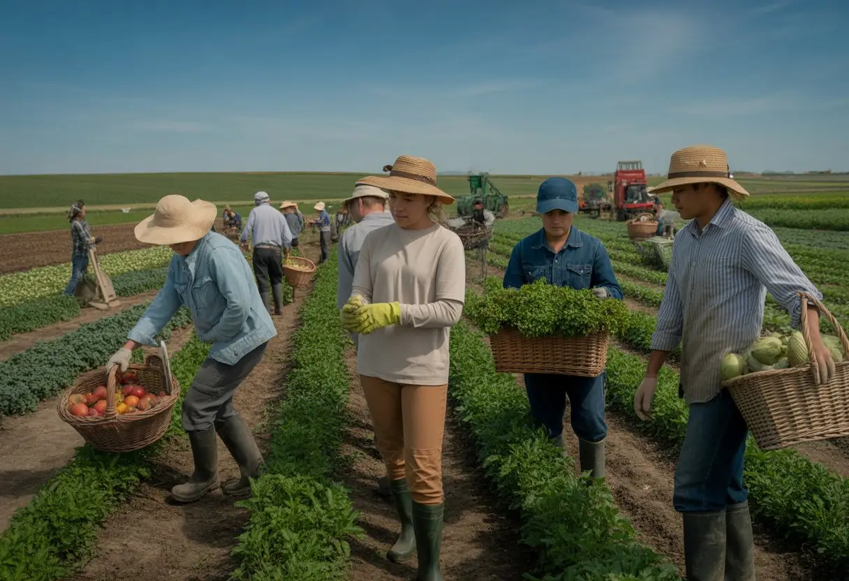 Arbeidsmigranten werken samen op een boerderij, bezig met het oogsten en verzorgen van gewassen in een groene landbouwomgeving.