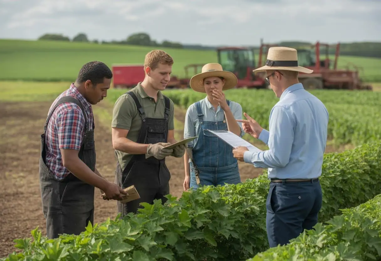 Een groep arbeidsmigranten en hun werkgever op een boerderij, bezig met landbouwwerk en overleg.