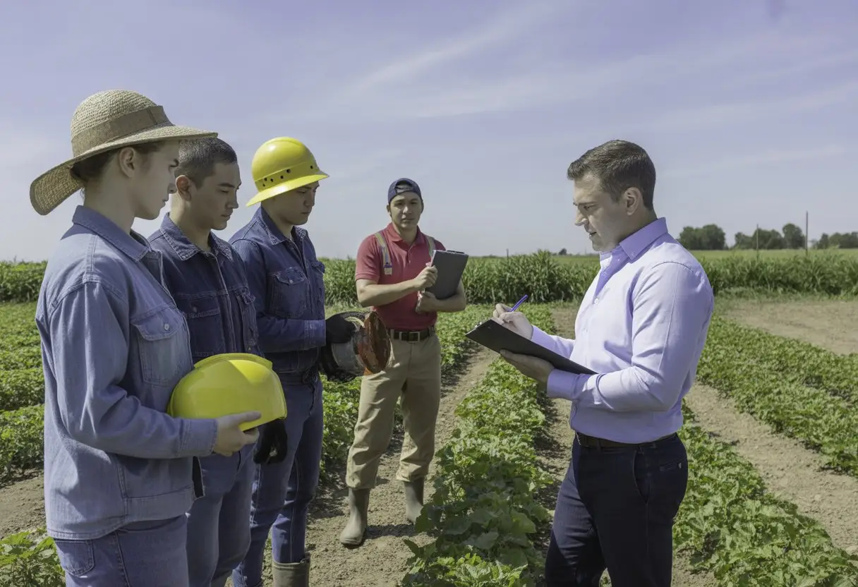 Een groep arbeidsmigranten en hun werkgever op een landbouwbedrijf, bezig met werkzaamheden en overleg over huisvesting en wettelijke eisen.