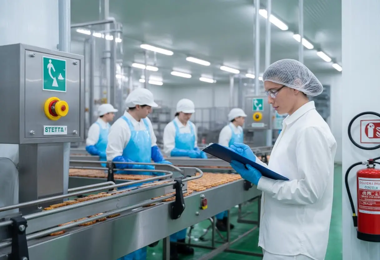 Arbo- en veiligheidseisen in de voedselverwerking: aansprakelijkheid bij een bedrijfsongeval uitgelegd 1 Werknemers in een voedselverwerkingsfabriek dragen veiligheidskleding en werken aan een productielijn met een supervisor die de veiligheid controleert.