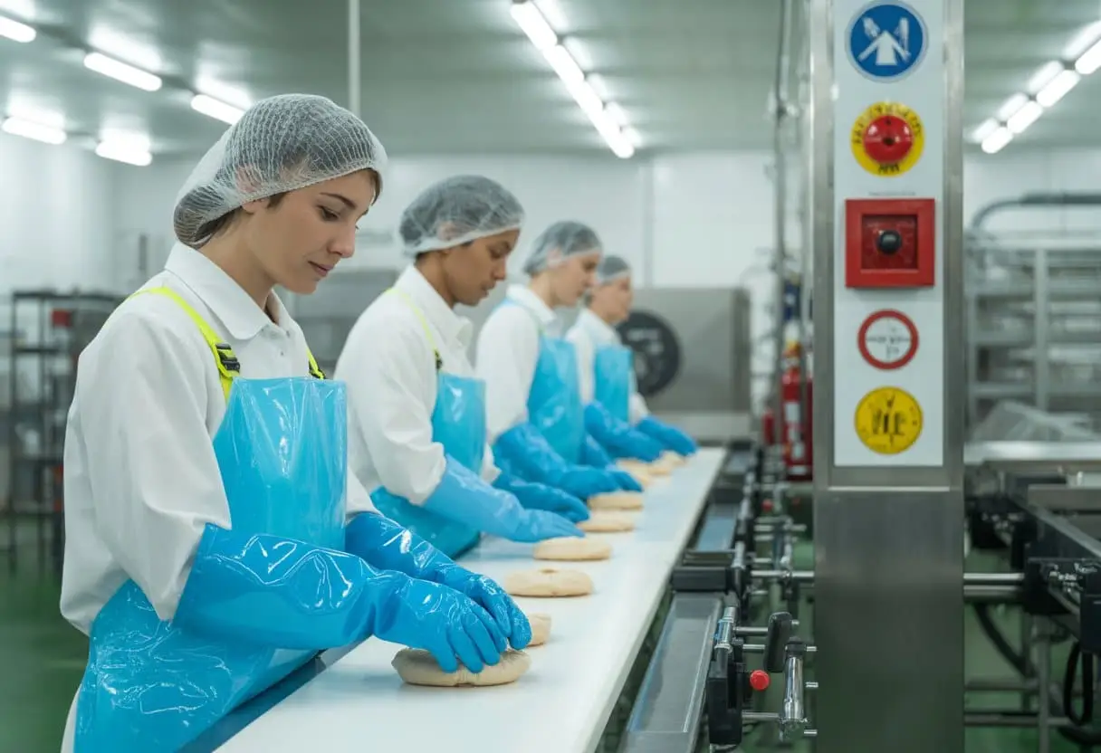 Arbo- en veiligheidseisen in de voedselverwerking: aansprakelijkheid bij een bedrijfsongeval uitgelegd 3 Werknemers in een voedselverwerkingsfabriek dragen veiligheidskleding en werken aan een lopende band met voedselproducten.