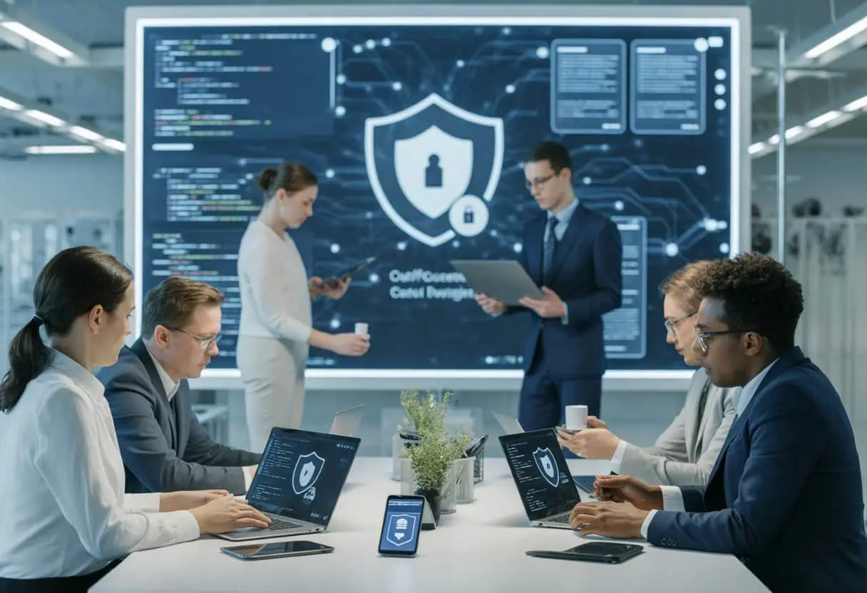 Software-updates en productveiligheid: juridische aandachtspunten bij connected products 1 Een groep professionals werkt samen aan een tafel met laptops en tablets, met schermen die software-updates en beveiligingssymbolen tonen.