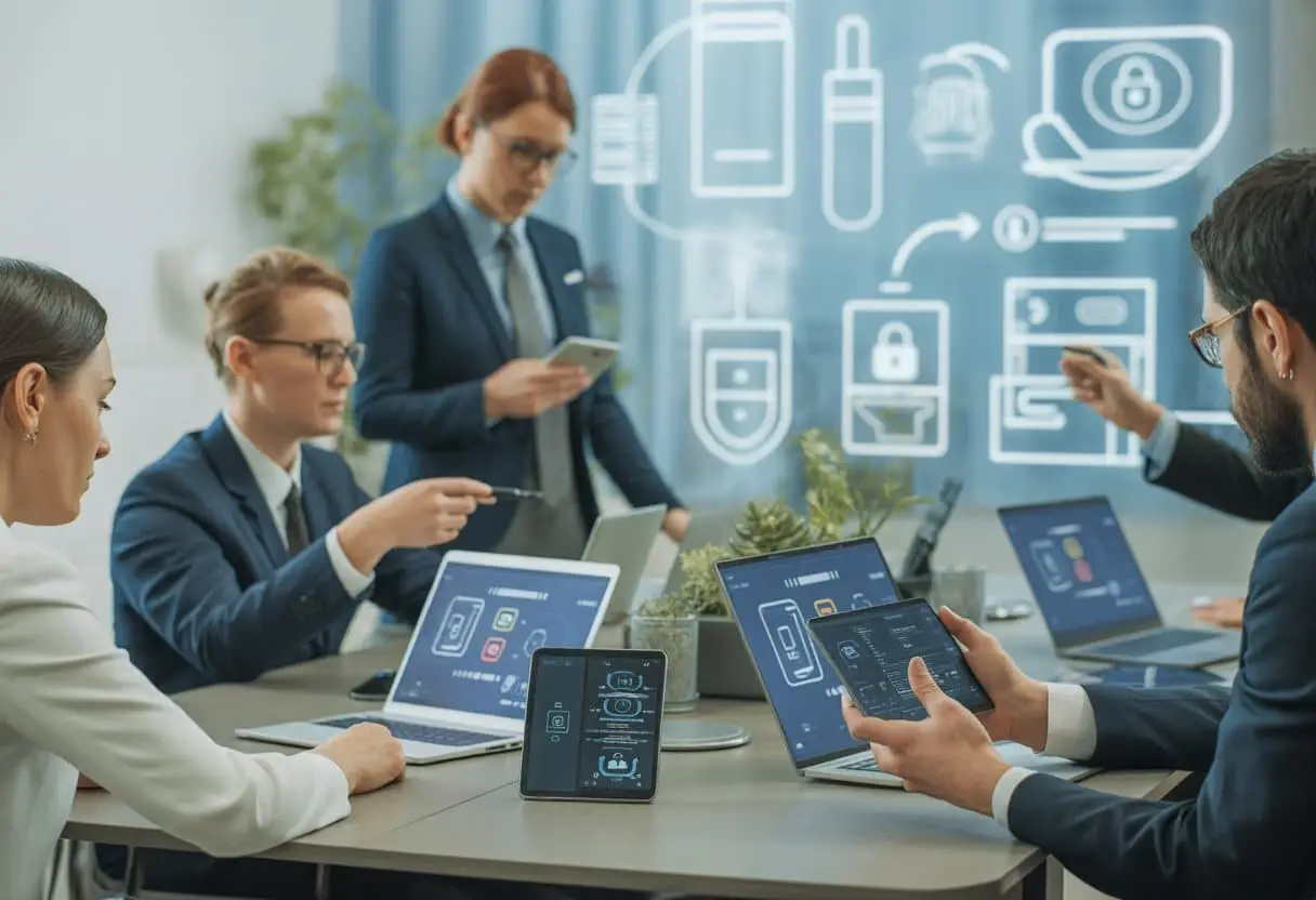 Software-updates en productveiligheid: juridische aandachtspunten bij connected products 2 Een groep professionals bespreekt software-updates en productveiligheid bij verbonden apparaten in een moderne kantooromgeving.