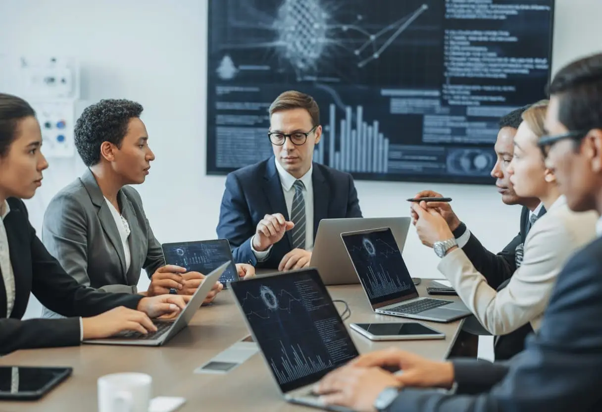 Software-updates en productveiligheid: juridische aandachtspunten bij connected products 3 Een groep professionals bespreekt verbonden producten en software-updates in een moderne kantooromgeving.