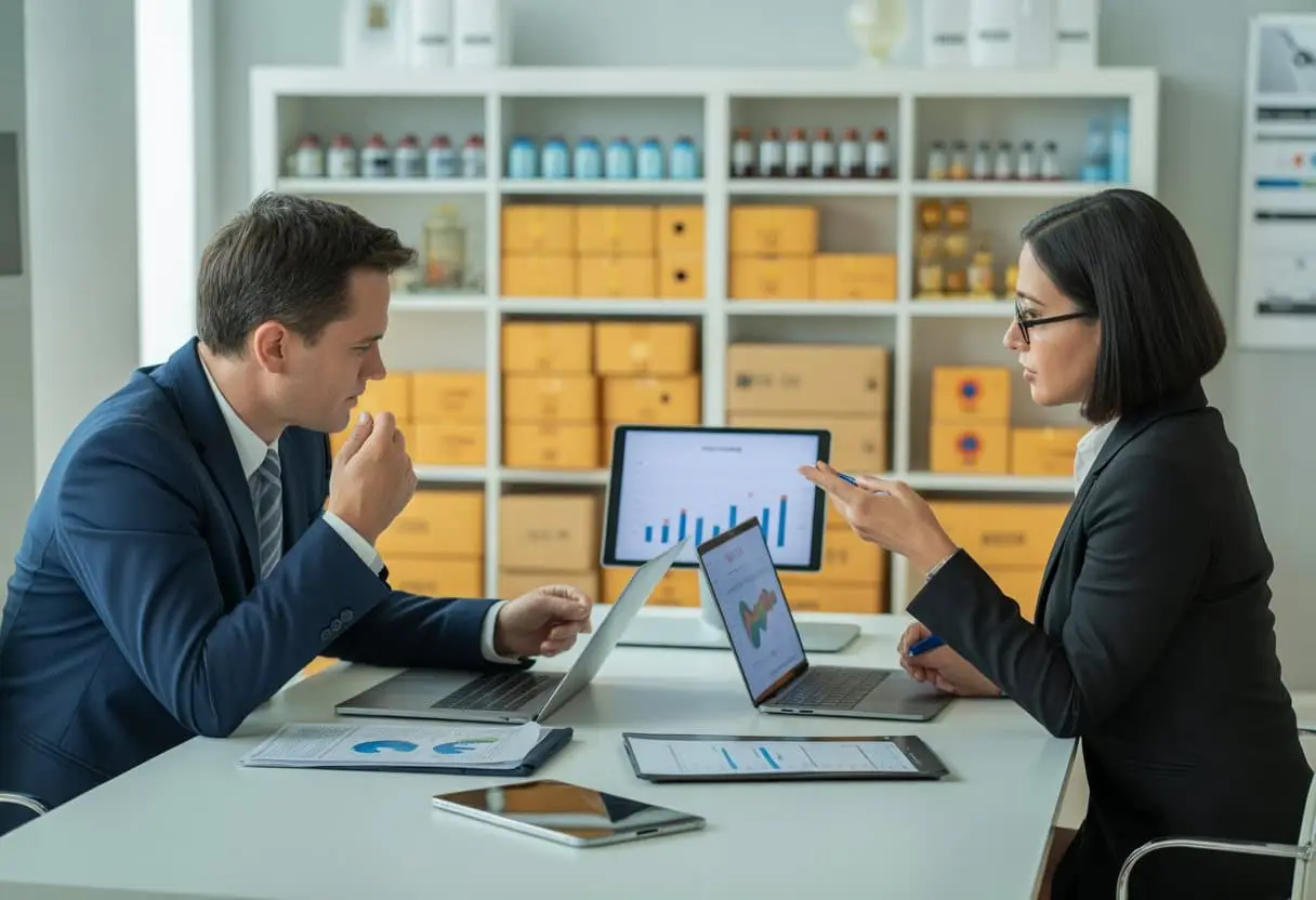 Twee zakelijke professionals bespreken documenten aan een tafel in een kantoor, met productmonsters en dozen op de achtergrond.