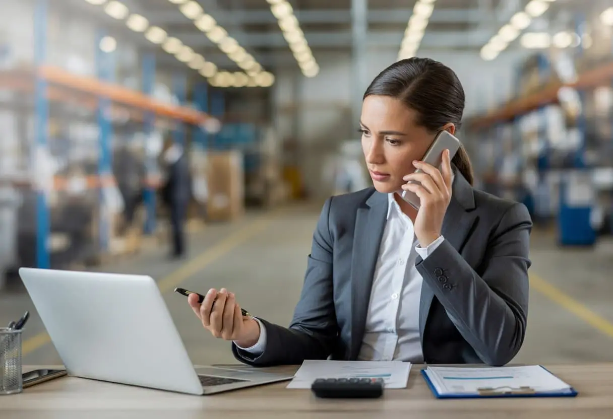 Een zakelijke persoon aan een bureau die telefonische afspraken maakt over schadeclaims met een leverancier, met op de achtergrond een magazijnomgeving.
