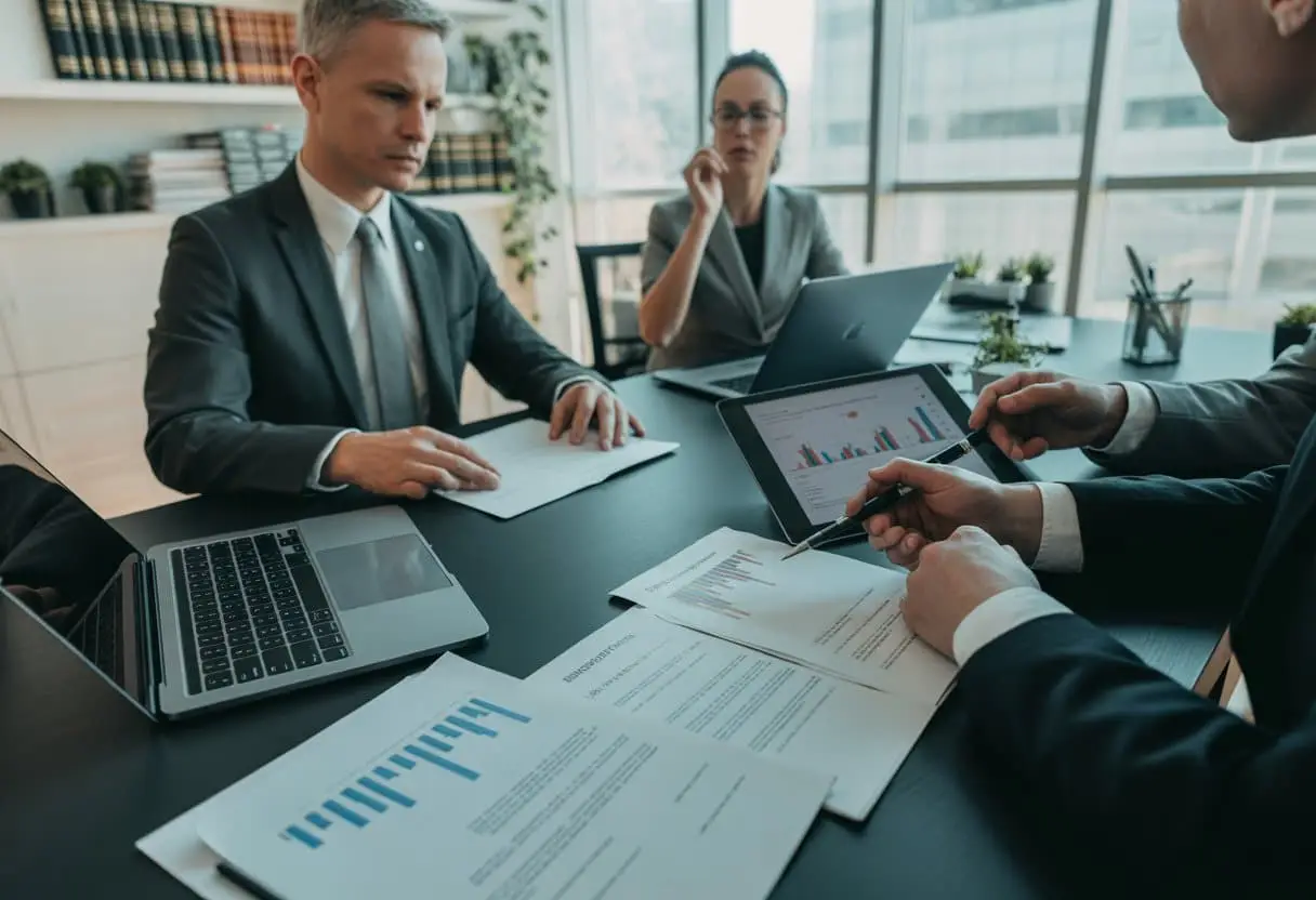 Een zakelijke bijeenkomst waarin professionals documenten bespreken over aansprakelijkheid van leveranciers en producenten.