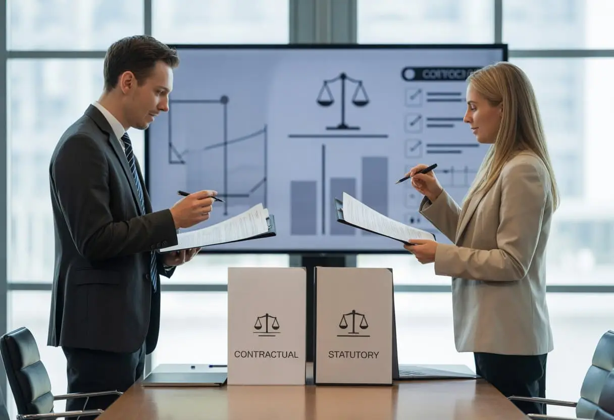 Twee zakelijke professionals bespreken documenten aan een vergadertafel in een modern kantoor, met symbolen van recht en contracten op de achtergrond.