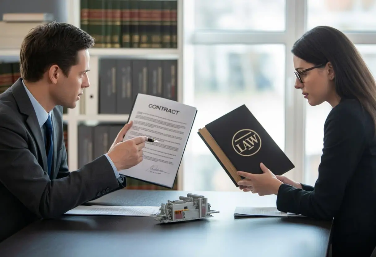 Twee zakelijke professionals bespreken contractuele en wettelijke productaansprakelijkheid in een moderne kantooromgeving met documenten en een product op tafel.