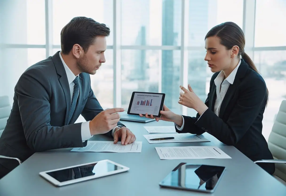 Twee zakelijke professionals die geconcentreerd een contract bespreken aan een vergadertafel in een modern kantoor.