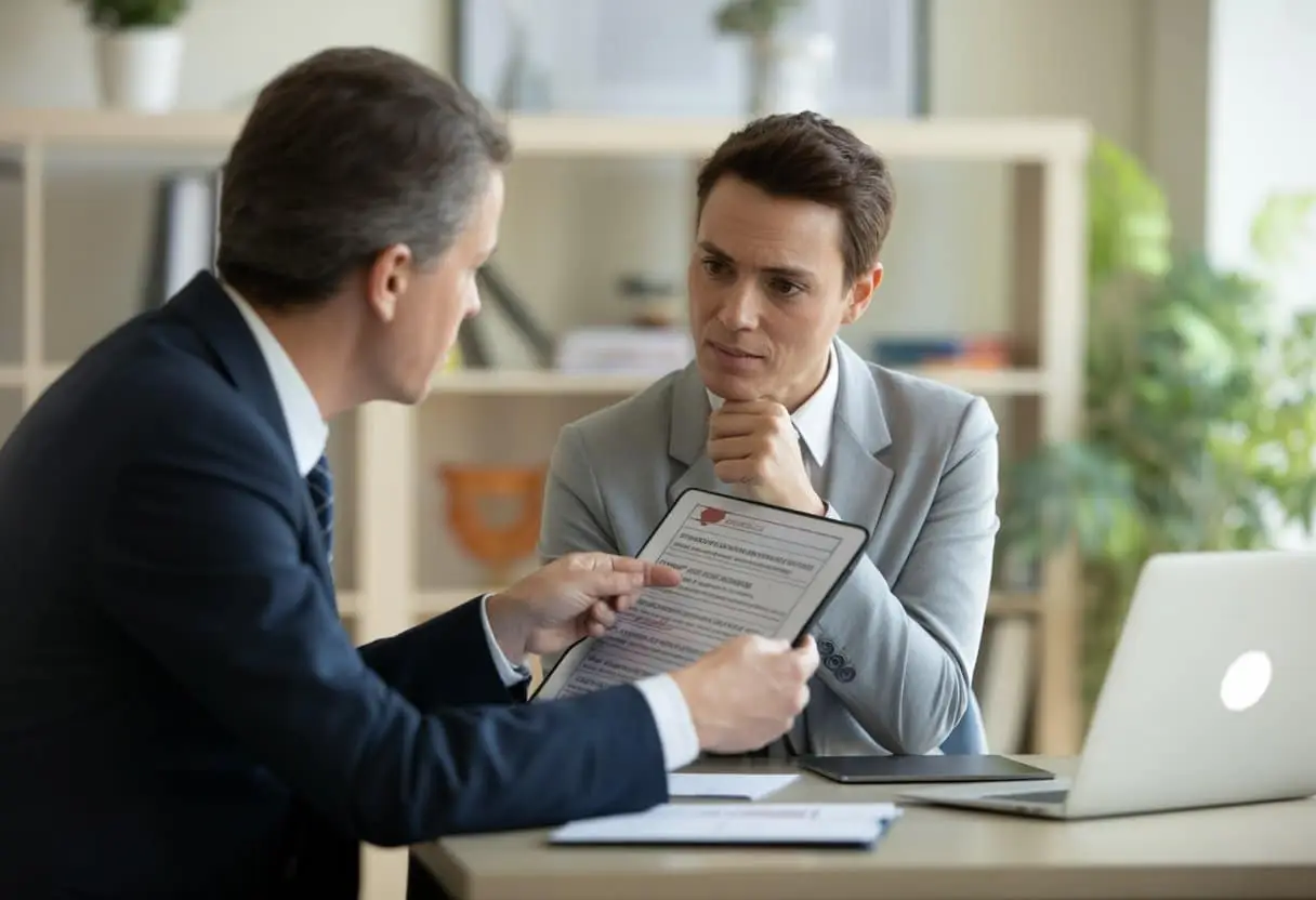 Gebrekkige instructies en waarschuwingen: waar ligt de grens? Inzicht en advies 2 Twee mensen in een kantooromgeving bespreken documenten met een serieuze en geconcentreerde houding.