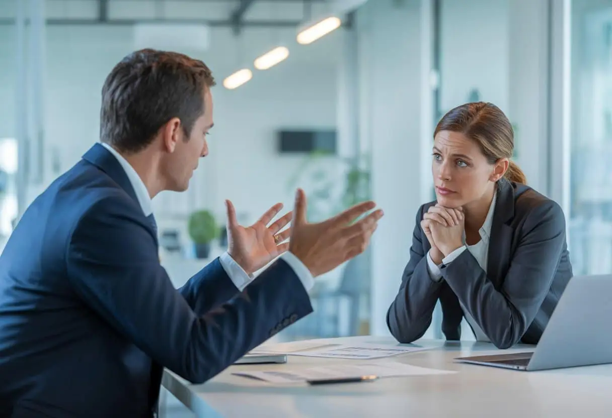 Gebrekkige instructies en waarschuwingen: waar ligt de grens? Inzicht en advies 3 Een manager geeft uitleg aan een werknemer in een kantoor terwijl de werknemer aandachtig luistert met een bezorgde blik.