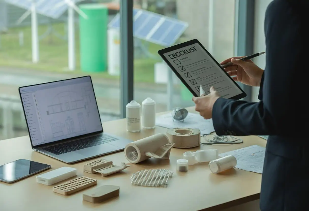 Een persoon die duurzame productontwerpen bekijkt aan een bureau met milieuvriendelijke prototypes en juridische documenten.