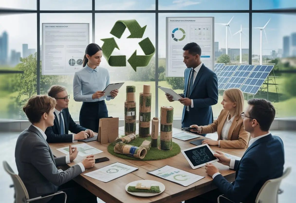 Een groep professionals bespreekt duurzame productontwerpen en juridische documenten in een moderne kantooromgeving met zicht op een groene stad.