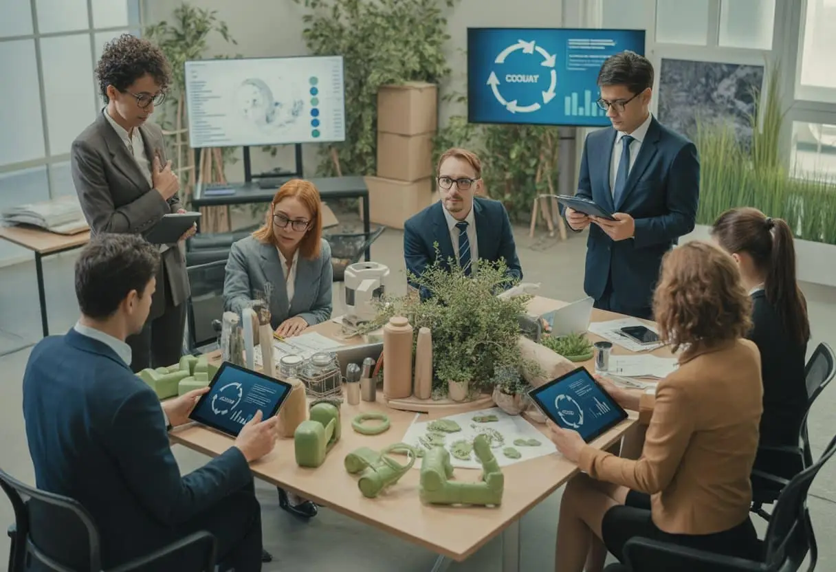 Een groep professionals werkt samen rond een tafel met milieuvriendelijke productontwerpen en digitale schermen over duurzaamheid in een modern kantoor.