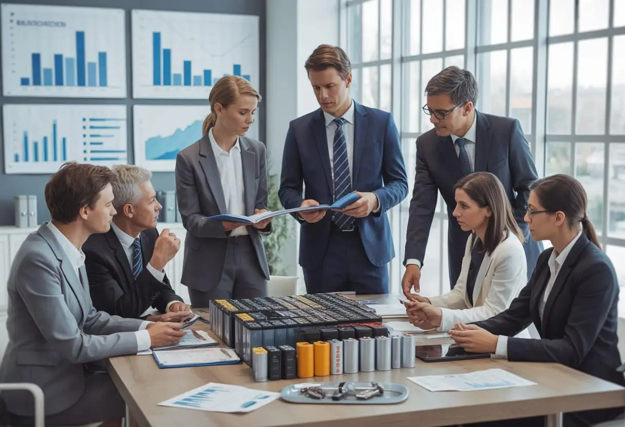 Een groep zakelijke professionals bespreekt batterijen en documenten rond een vergadertafel in een kantoor.