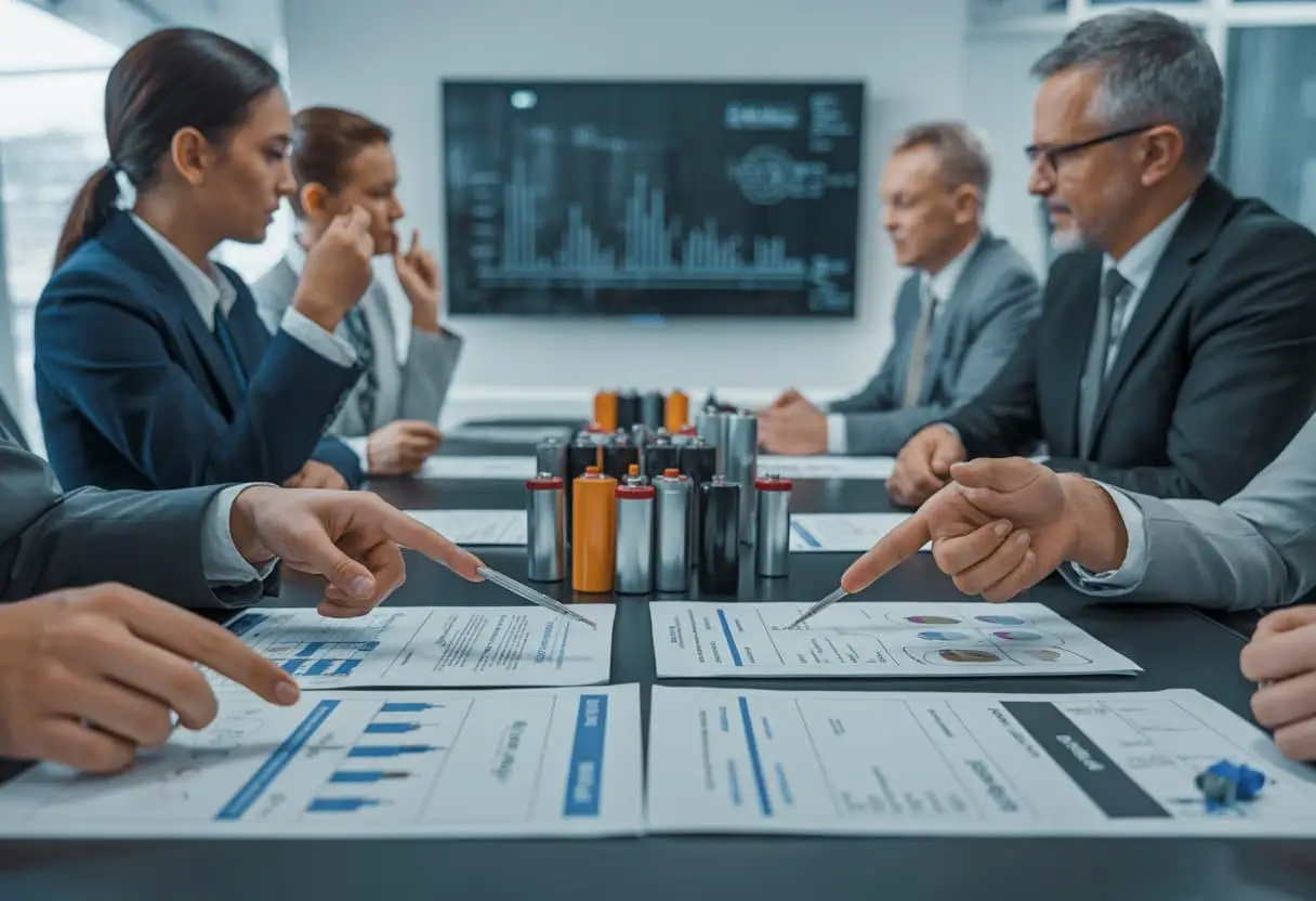 Een groep professionals bespreekt batterijen en regelgeving in een vergaderruimte met documenten en batterijen op tafel.