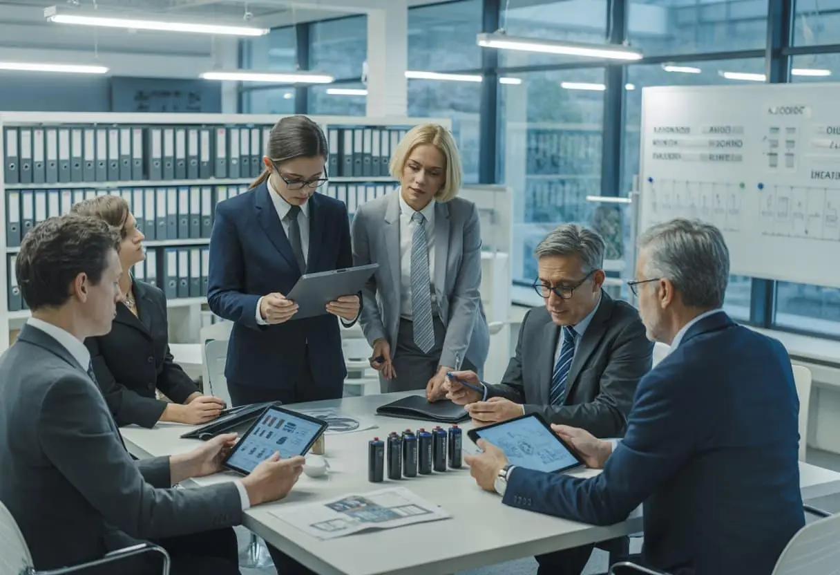 Een groep zakelijke professionals bespreekt documenten en batterijen rond een vergadertafel in een kantooromgeving.
