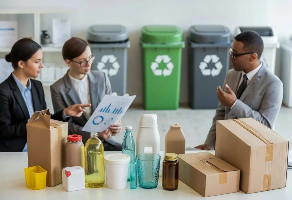 Een groep professionals bespreekt verpakkingsmaterialen en recyclingverplichtingen in een moderne werkruimte met verschillende verpakkingen en recyclingbakken.
