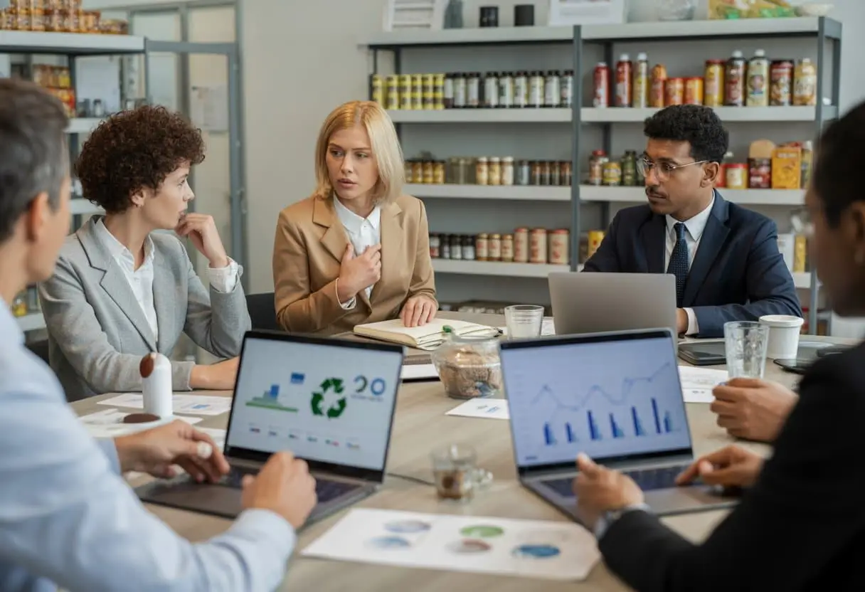 Een groep professionals bespreekt verpakkings- en recyclingverplichtingen in een moderne kantooromgeving met productverpakkingen op de achtergrond.