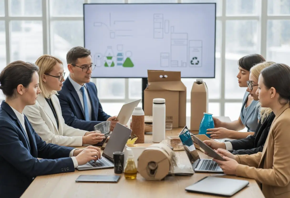 Een groep mensen in een kantoor bespreekt recyclingverplichtingen voor producenten met voorbeelden van verpakkingen op tafel.