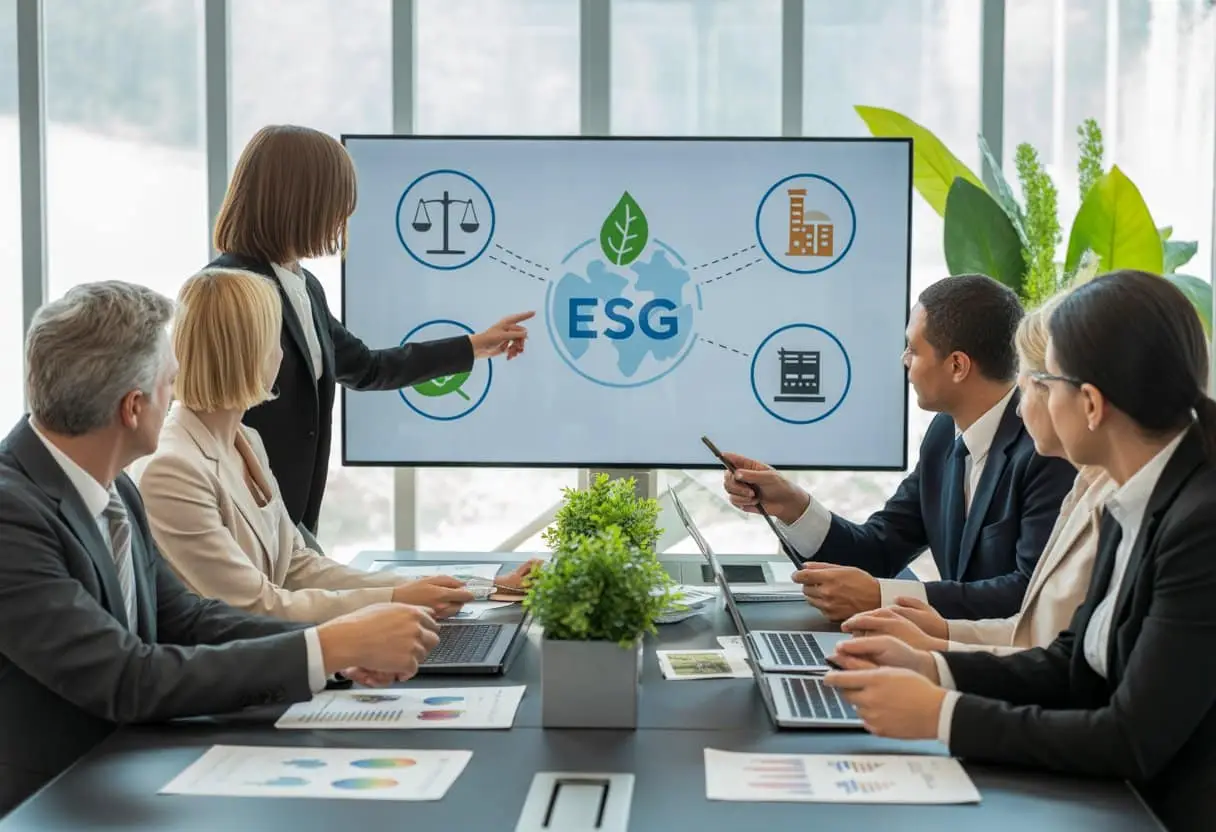 Een groep zakelijke professionals in een vergaderruimte bespreekt ESG en supply-chain due diligence, met laptops en een groot scherm waarop supply-chain netwerken en duurzaamheidssymbolen te zien zijn.