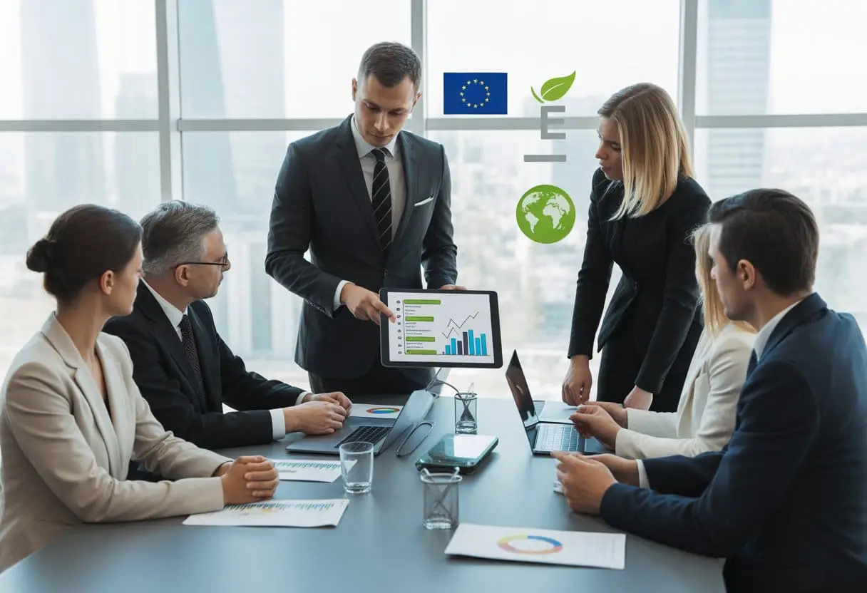 Een groep zakelijke professionals bespreekt verantwoordelijkheden en regelgeving rondom ESG en supply-chain due diligence in een moderne vergaderruimte.