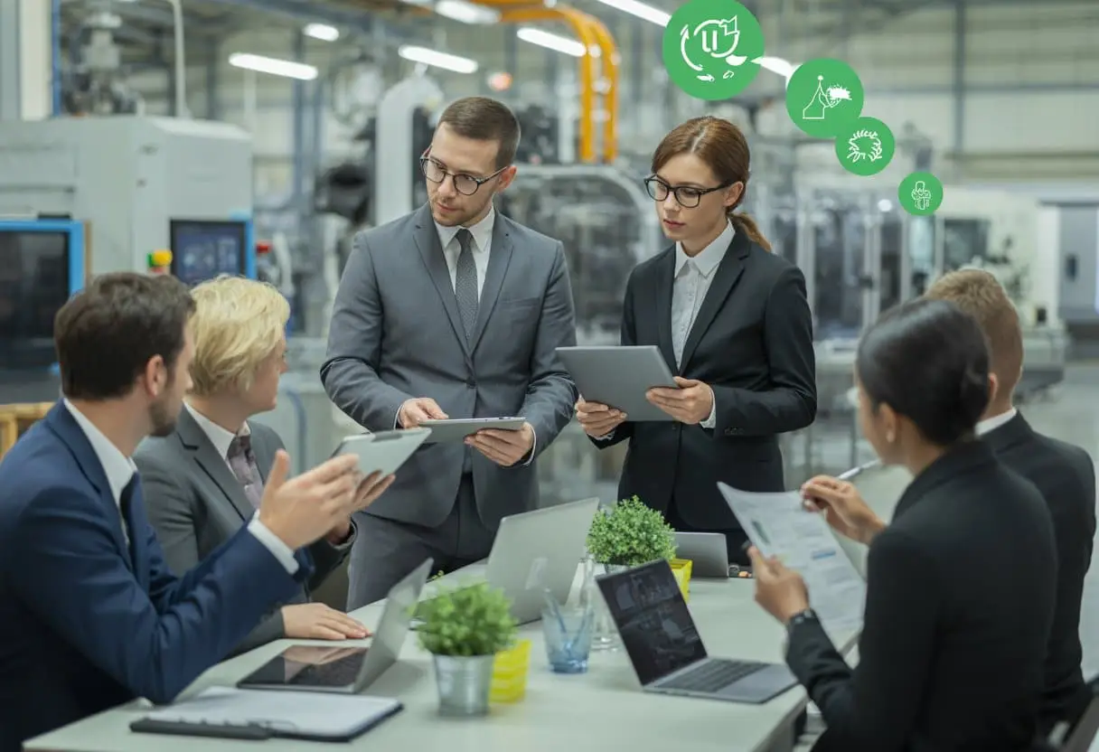 Juridische valkuilen in supply-chain contracten voor de maakindustrie: Inzicht & praktische oplossingen 3 Een groep professionals bespreekt juridische aspecten van duurzaamheid en supply-chain contracten in een moderne fabriek.