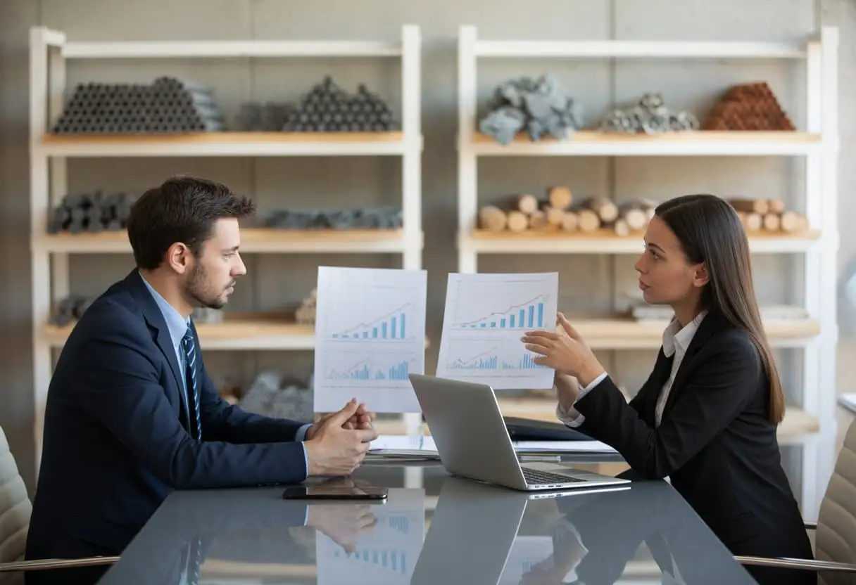 Twee zakelijke professionals die in een kantoor overleggen met documenten en grafieken op tafel.