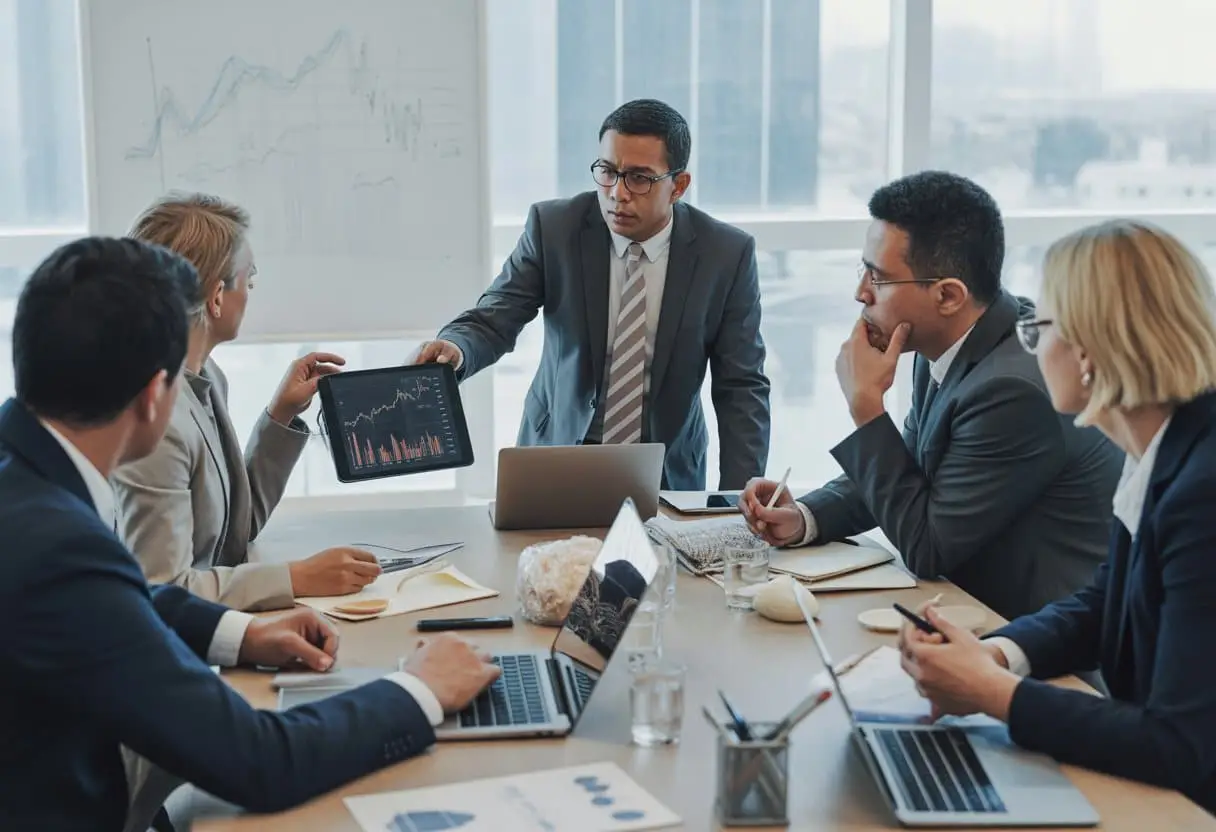 Een groep zakelijke professionals bespreekt contracten en grafieken in een vergaderruimte met uitzicht op de stad.