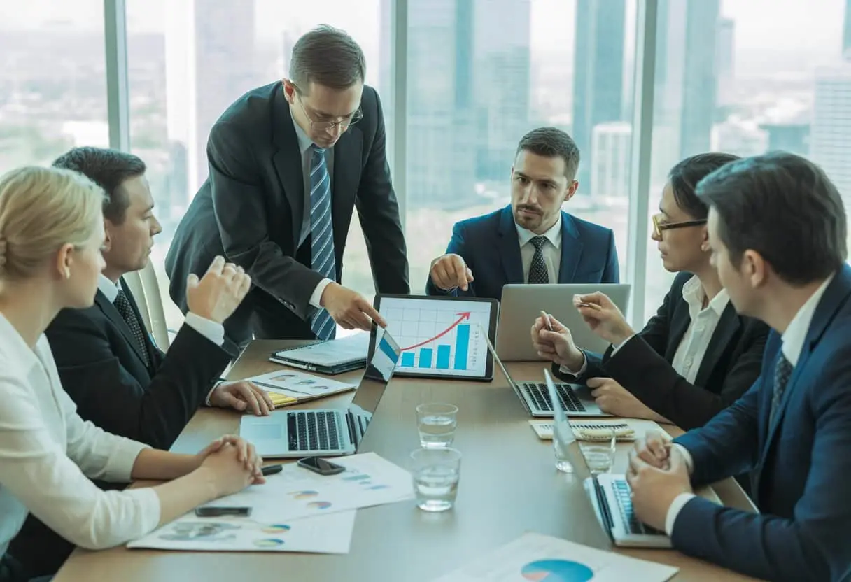 Een groep zakelijke professionals bespreekt contracten rond een tafel in een kantoor, met grafieken die prijsstijgingen tonen.