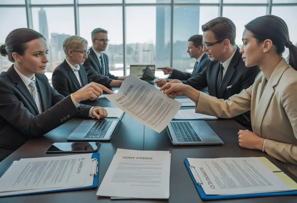 Zakelijke bijeenkomst waarin internationale contracten worden besproken, met mensen die documenten en laptops gebruiken aan een grote tafel in een modern kantoor.