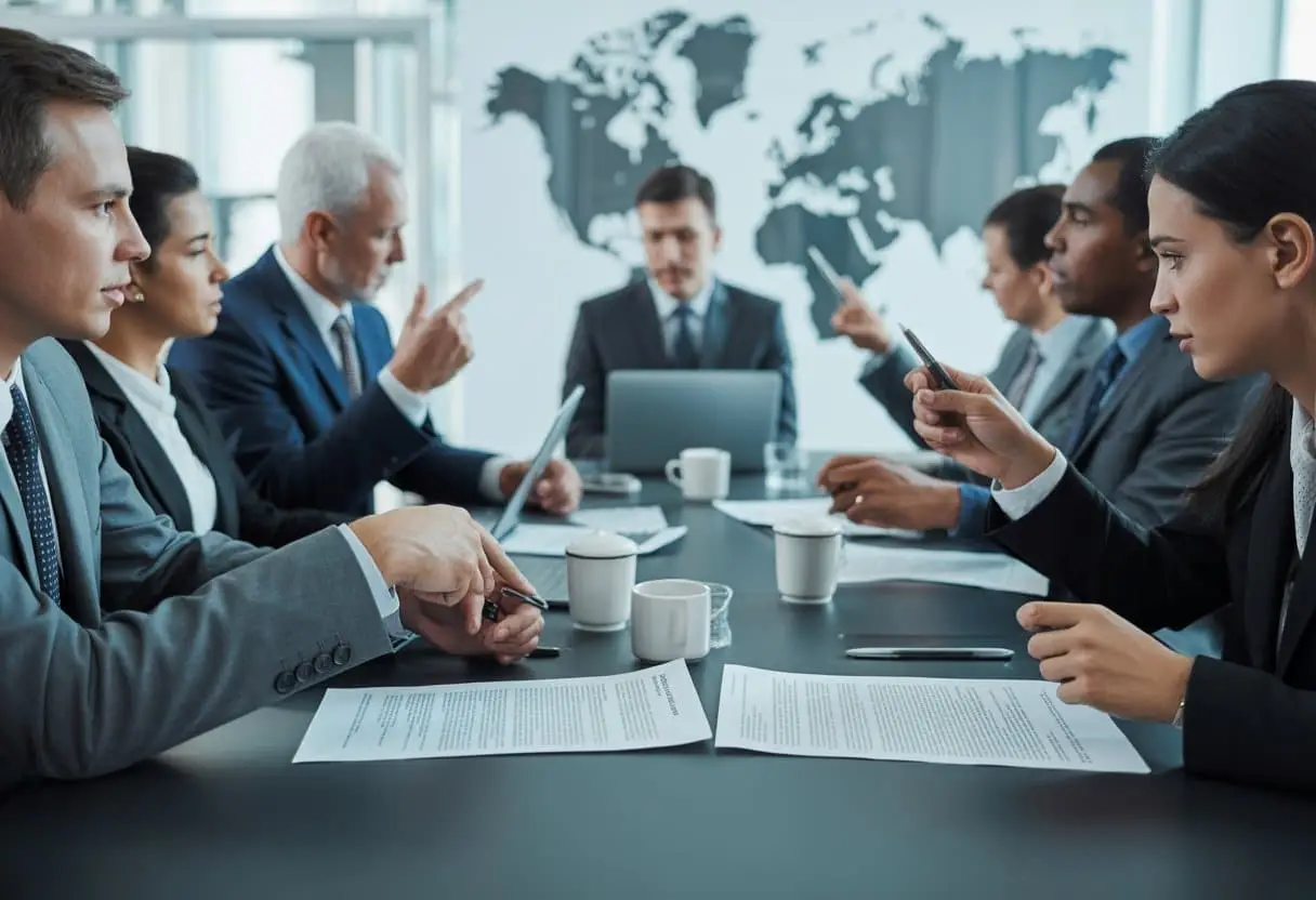 Een groep zakelijke professionals bespreekt contracten rond een vergadertafel in een kantoor met een wereldkaart op de achtergrond.