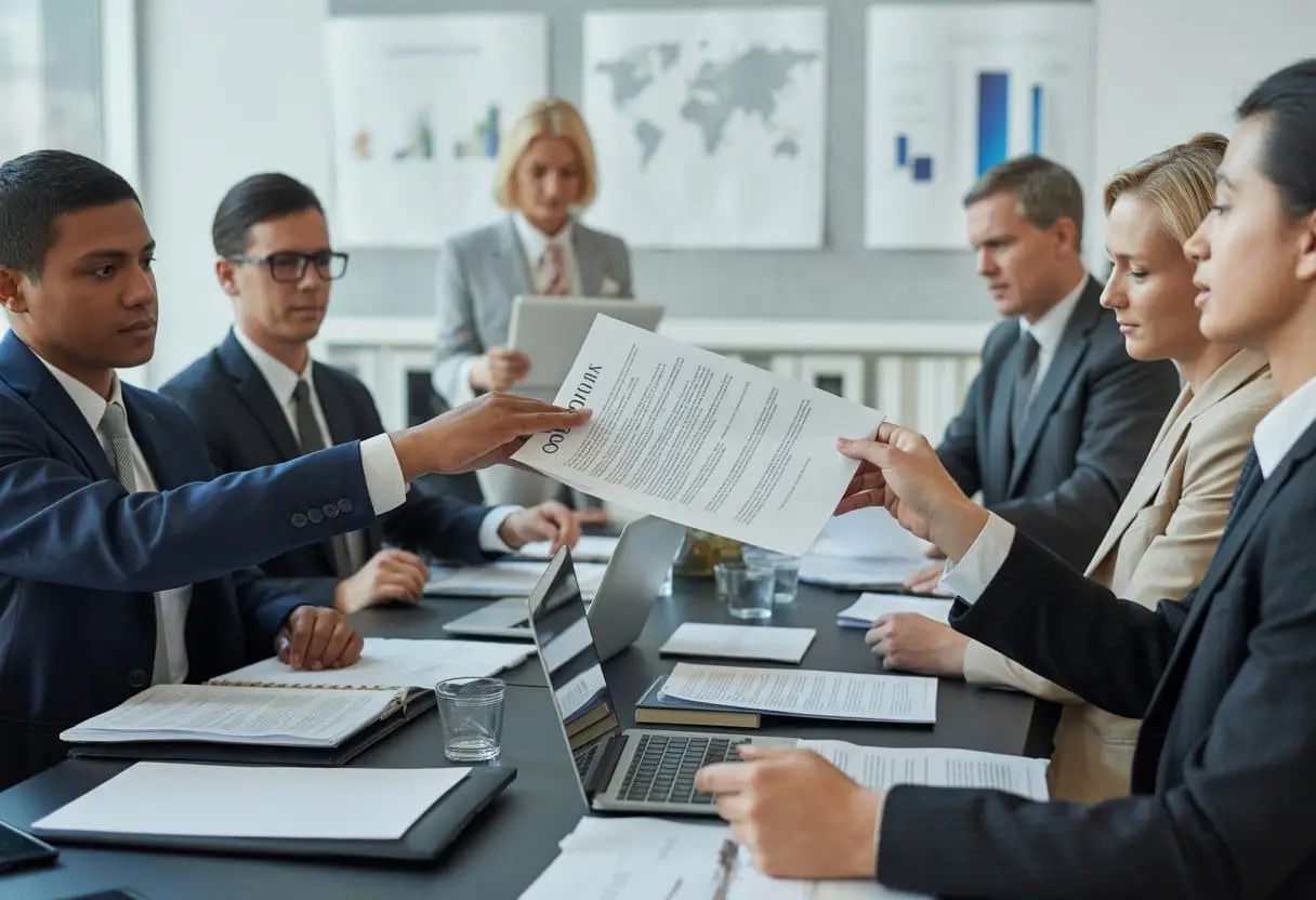 Een zakelijke vergadering waarbij professionals contracten uitwisselen aan een vergadertafel in een moderne kantooromgeving.