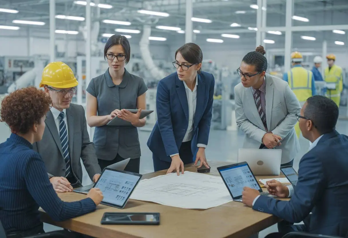 Een groep professionals die rond een tafel zit in een kantoor met uitzicht op een fabriek, bezig met overleg over toeleveringscontracten in de maakindustrie.