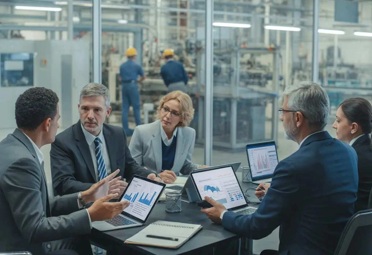 Een groep professionals in een moderne kantooromgeving bespreekt documenten en digitale apparaten met op de achtergrond een fabriek met machines en werknemers.