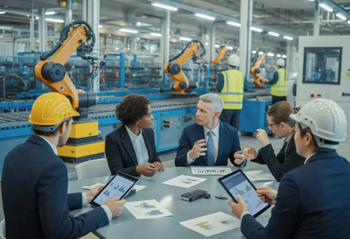 Een fabriekshal met arbeiders en zakelijke professionals die over toeleveringscontracten en risico’s in de maakindustrie overleggen.