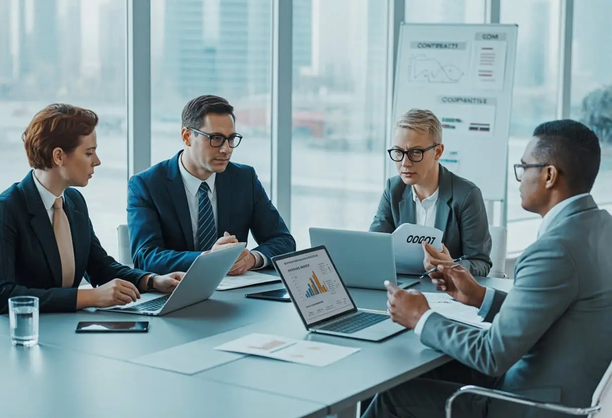 Een groep zakelijke professionals zit rond een vergadertafel en bespreekt contracten en aansprakelijkheid in een moderne kantooromgeving.