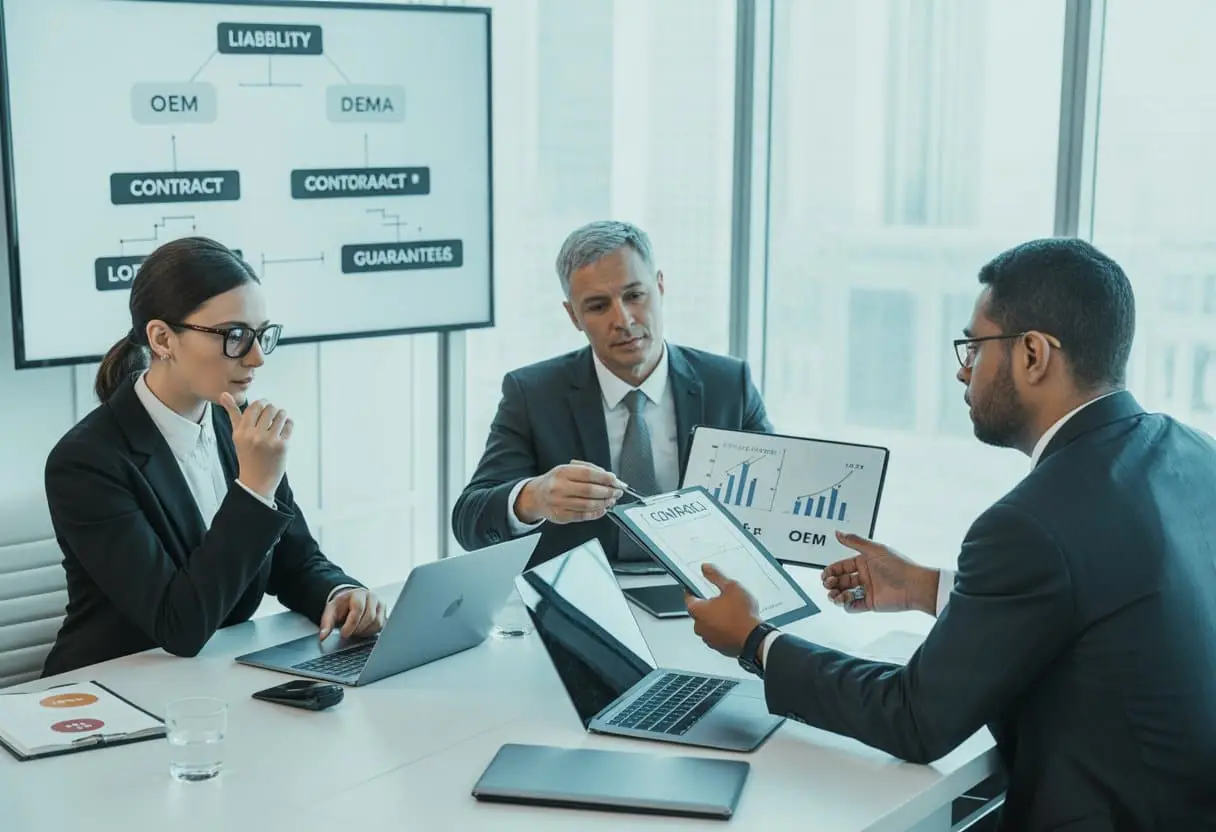 Drie professionals in een kantoor vergaderen over productaansprakelijkheid en contractketens, met documenten en laptops op tafel.