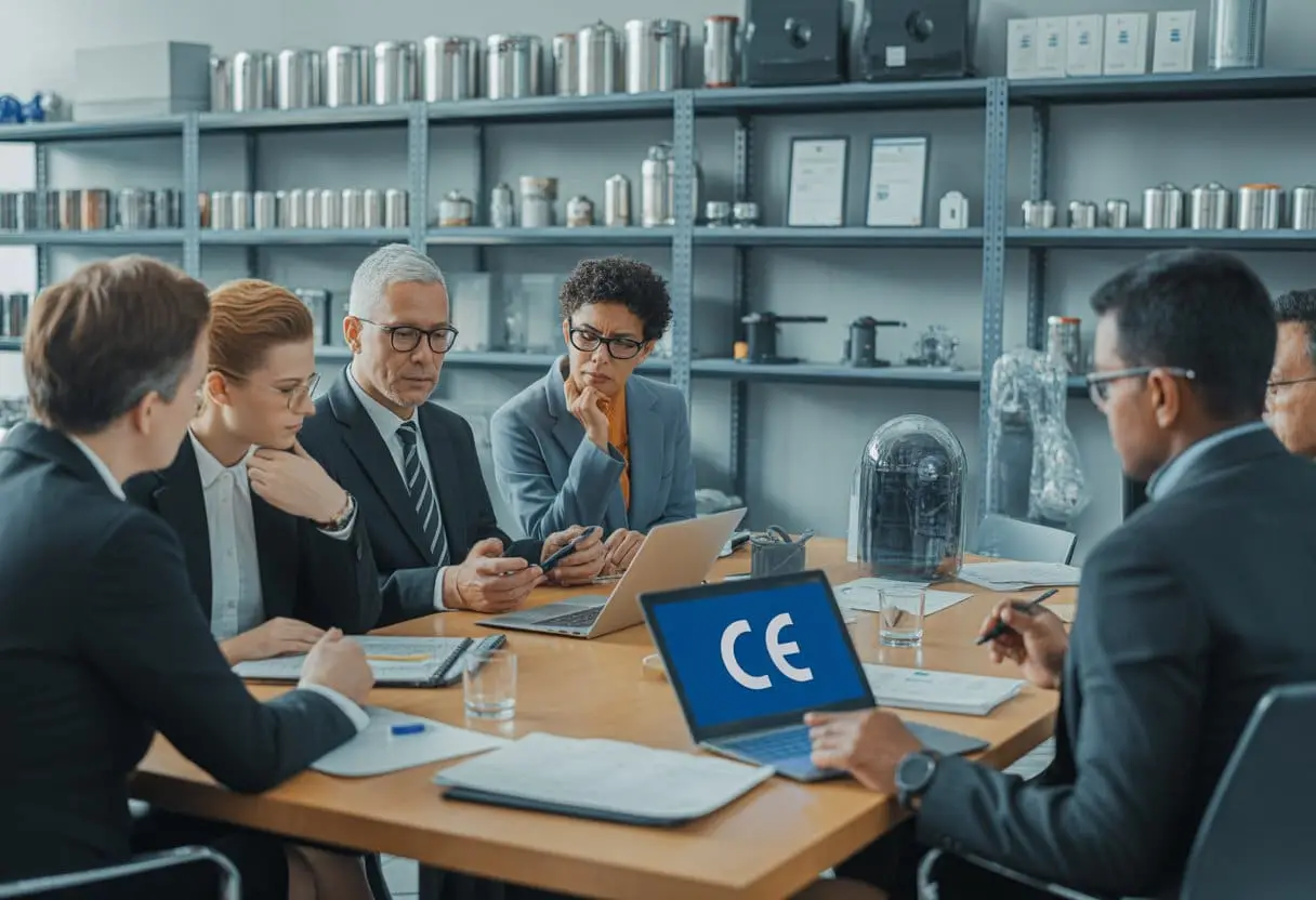 CE-markering in de praktijk: juridische verplichtingen voor fabrikanten en importeurs 1 Een groep professionals bespreekt juridische verplichtingen rondom CE-markering in een kantooromgeving.