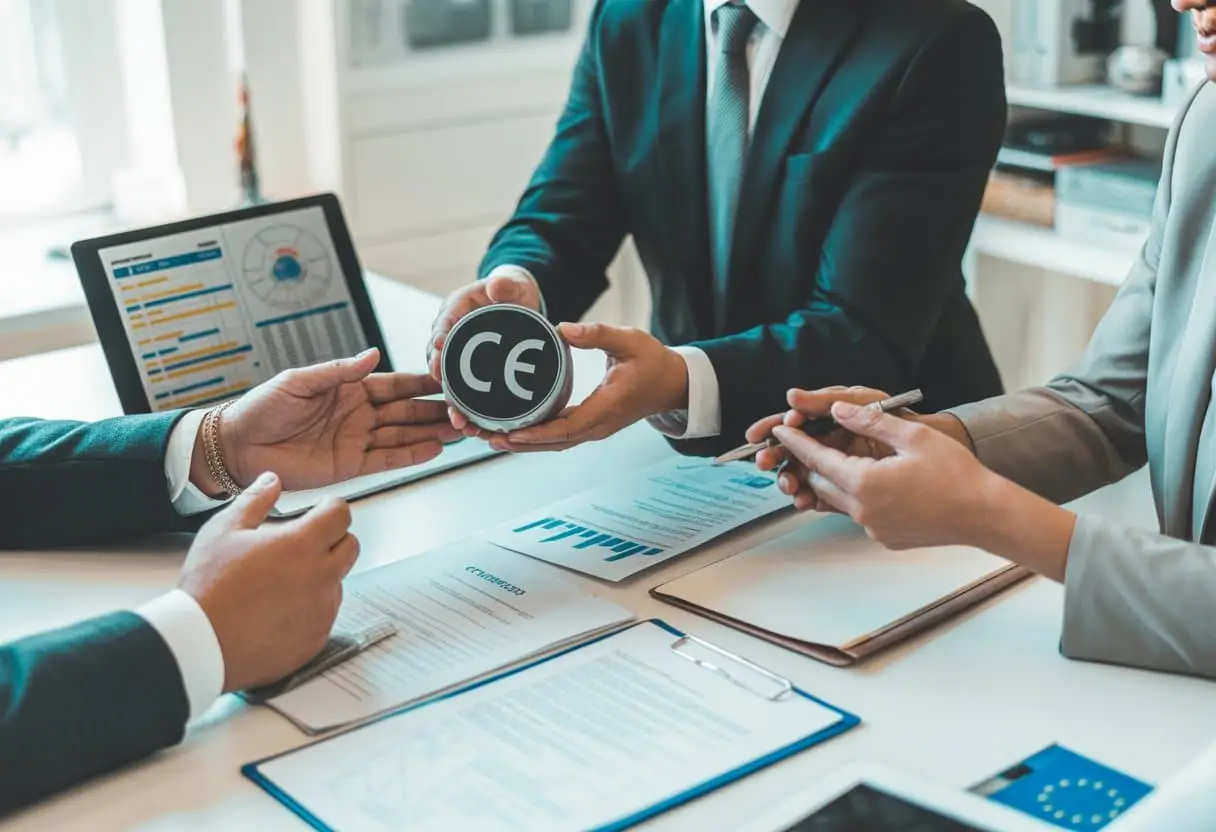 CE-markering in de praktijk: juridische verplichtingen voor fabrikanten en importeurs 2 Een groep zakelijke professionals bespreekt CE-markering en juridische verplichtingen in een moderne kantooromgeving.