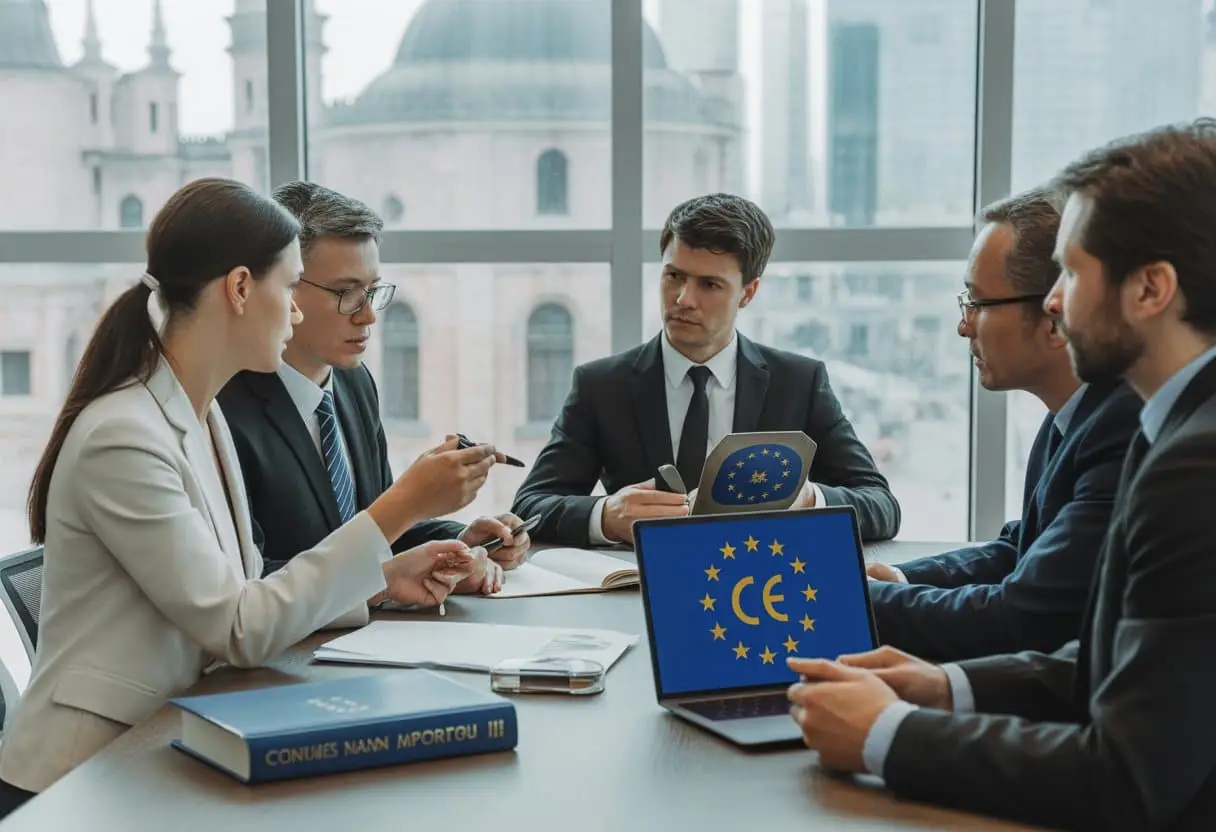 CE-markering in de praktijk: juridische verplichtingen voor fabrikanten en importeurs 3 Een groep professionals bespreekt documenten en een laptop met Europese symbolen in een kantoor met uitzicht op een stad.