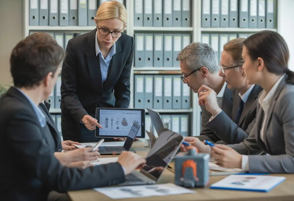 Een groep professionals bespreekt productveiligheid en juridische naleving in een kantooromgeving.